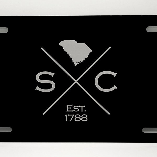 South Carolina Est | Black Aluminum 12”x 6” License Plate | Laser Engraved | Stainless Steel | Laser Etched