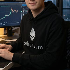 Op de afbeelding: Een persoon die een zwarte hoodie draagt met het woord "ethereum" erop gedrukt, zit aan een bureau met meerdere computermonitors waarop code en grafieken worden weergegeven. Een laptop en een toetsenbord staan ook op het bureau. Schappen met boeken en beeldjes zijn op de achtergrond.