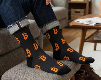 Bitcoin BTC Patterned Crew Socks, Black Crypto Token Stockings, Satoshi Nakamoto Gift