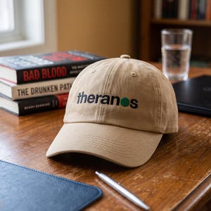 May include: A tan baseball cap featuring the word theranos embroidered in black lowercase letters with a solid green circle replacing the letter o. The cap has a structured crown, a curved brim, and stitched eyelets on the top panels.