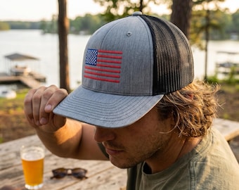 American Flag Trucker Hat - Embroidered USA Flag Snapback Cap, Patriotic Mesh Hat, Fourth of July Hat, USA Gift for Dad