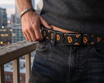 Bitcoin Logo Belt - BTC Pattern Belt, Crypto Waist Accessory, Bitcoin Gift for Men, Blockchain Apparel