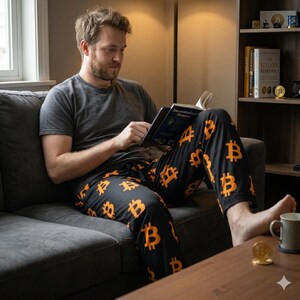 Bitcoin Pajama Pants - BTC Crypto Sleepwear for Men, Cryptocurrency Lounge Trousers, Blockchain All Over Print PJs