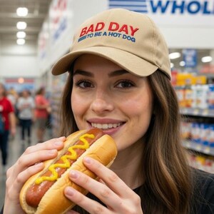 ホットドッグパパになるには最悪な日 刺繍入り帽子、面白いコストコミームベースボールキャップ Khaki