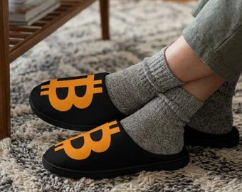 Bitcoin Slippers - Black BTC Crypto House Shoes, Bitcoin Investor Gift, Cryptocurrency Footwear