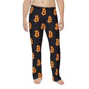 May include: Black pajama pants with a repeating pattern of orange Bitcoin symbols.