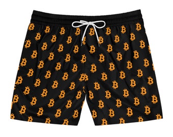 Bitcoin BTC Logo Black Mid-Length Swim Shorts | Crypto | Beach | Swim Trunks