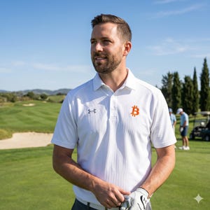 Op de afbeelding: Een witte poloshirt met een Bitcoin-logo op de borst. De persoon draagt een golfhandschoen en kijkt opzij. De achtergrond toont een groene golfbaan en bomen. De persoon staat op een golfbaan.