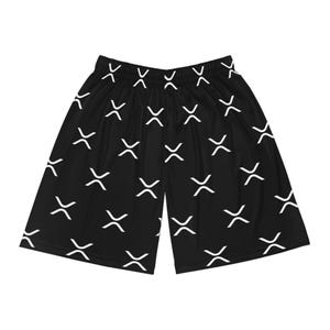 May include: Black athletic shorts with a repeating white graphic pattern. The shorts have an elastic waistband and a relaxed fit. The white pattern consists of a series of stylized X shapes, evenly spaced across the fabric.