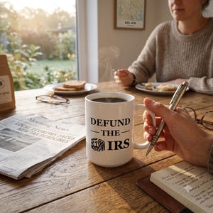 May include: A white ceramic mug featuring the black printed text DEFUND THE IRS with an eagle emblem. The mug contains a dark liquid and is held by a hand holding a silver pen, positioned on a wooden table next to a newspaper and a notebook.