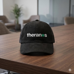 May include: Black baseball cap with the word "theranos" embroidered in white, with a green circle accenting the "s". The cap is made of a textured fabric and sits on a wooden surface.