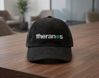 Theranos Embroidered Logo Corduroy Hat - Ironic Corporate Satire Cap, Vintage Silicon Valley Tech Gift