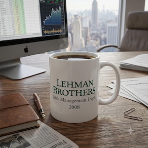 May include: A white ceramic mug filled with dark coffee, featuring the dark green text LEHMAN BROTHERS, followed by the black text Risk Management Dept. and the year 2008 printed on the front side of the mug, which has a standard handle.