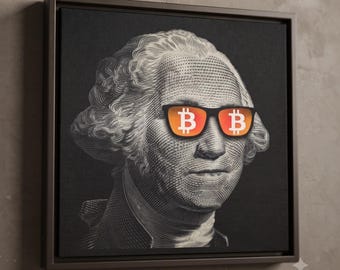 Bitcoin Shades George Washington Framed Poster, BTC Crypto Canvas Wall Art, Cryptocurrency Home Decor
