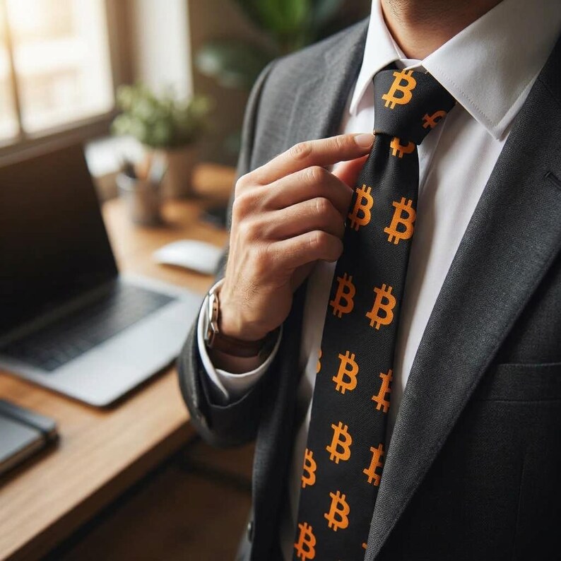May include: A black necktie featuring a repeating orange Bitcoin symbol pattern, worn with a crisp white collared shirt and a dark grey suit jacket. The tie is tied in a standard knot, showcasing the vibrant orange cryptocurrency logo against the dark fabric.