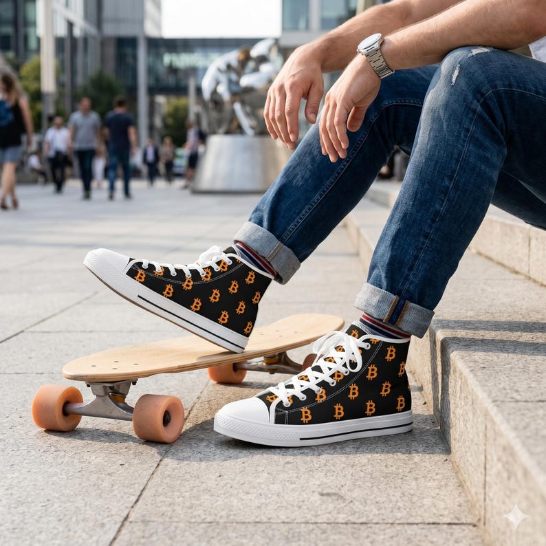 Bitcoin High-Top Sneakers - BTC Crypto Shoes, Black & White Cryptocurrency Sneakers, Bitcoin Apparel Gift White sole