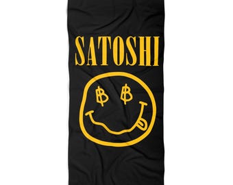 Satoshi Bitcoin Smiley Beach Towel - BTC Crypto Pool Towel, Cryptocurrency Beach Towel, Summer Blockchain Accessory