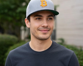 Bitcoin Snapback Hat - Embroidered BTC Cap, Flat Brim Crypto Hat, Cryptocurrency Gift