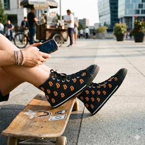 Bitcoin High-Top Sneakers - BTC Crypto Shoes, Black & White Cryptocurrency Sneakers, Bitcoin Apparel Gift Black sole