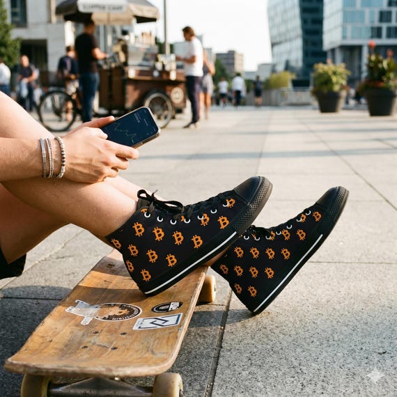 Bitcoin High-Top Sneakers - BTC Crypto Shoes, Black & White Cryptocurrency Sneakers, Bitcoin Apparel Gift