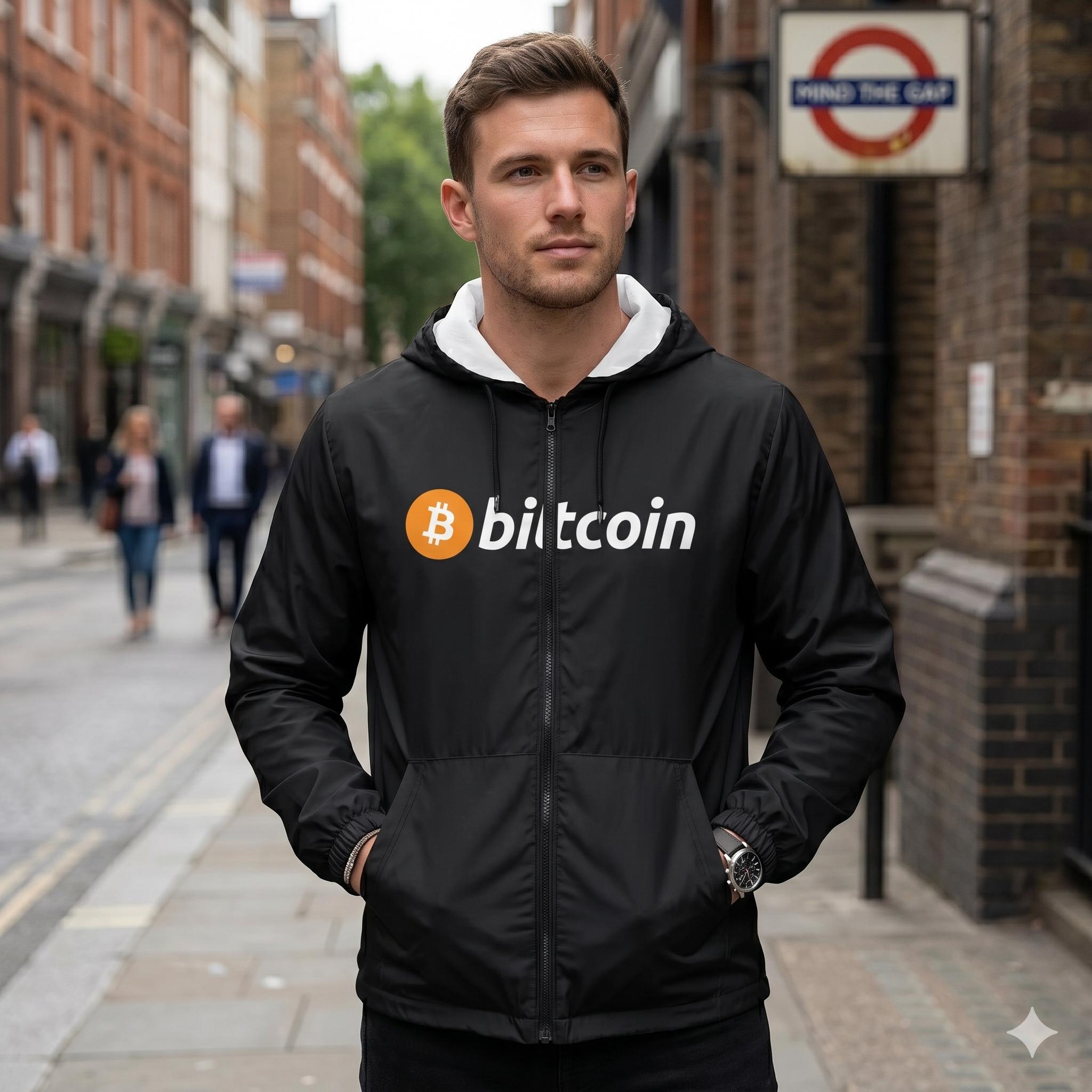 Bitcoin HODL Windbreaker Jacket, Black BTC Logo Coat, Blockchain