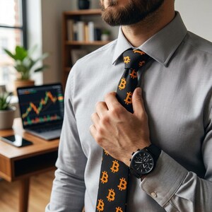 May include: A black necktie featuring a repeating pattern of orange Bitcoin symbols. The tie is worn with a light gray button-down shirt and a black wristwatch with a round face and multiple sub-dials, visible on the wrist near the tie.
