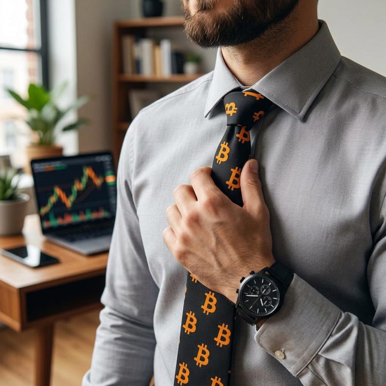 May include: A black necktie featuring a repeating pattern of orange Bitcoin symbols. The tie is worn with a light gray button-down shirt and a black wristwatch with a round face and multiple sub-dials, visible on the wrist near the tie.