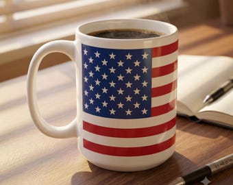 American Flag Mug - USA Stars & Stripes Ceramic Coffee Cup, Patriotic Coffee Mug, Fourth of July Gift, 11oz 15oz