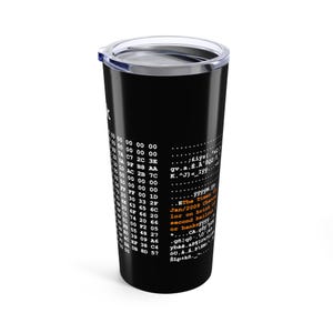 May include: Black travel tumbler with a white lid. The tumbler features a vertical design with white text and orange text. The text includes binary code and phrases like "The Times" and "Jan/2009 Chance".