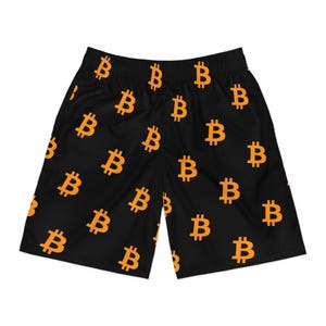 May include: Black athletic shorts with a repeating pattern of orange Bitcoin symbols.