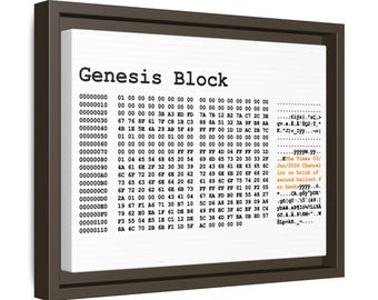 Genesis Block Bitcoin Framed Canvas | Crypto Wall Art in Black, White, or Oak