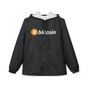 Bitcoin BTC Black Windbreaker, Black Bitcoin Cryptocurrency Jacket, HODL BTC Crypto Token Coat, Bitcoin Logo Windbreaker, Satoshi Nakamoto