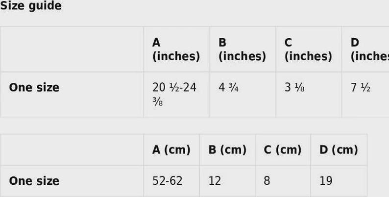 以下が含まれることがあります： 「One size」商品のサイズガイド。寸法はセンチメートルで表示されています。A（52～62cm）、B（12cm）、C（8cm）、D（19cm）。