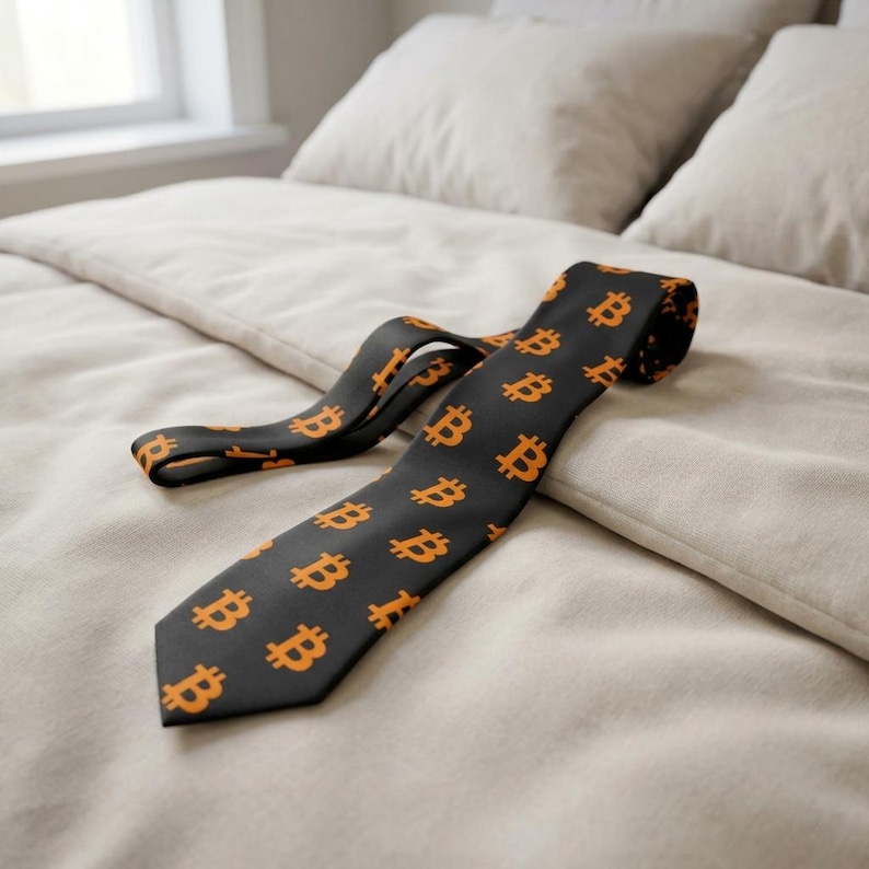 May include: A black necktie featuring a repeating pattern of orange Bitcoin symbols. The tie is laid out flat, displaying a pointed tip and a folded section, showcasing the consistent graphic print across the dark fabric surface.