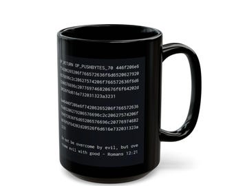 Bitcoin Block 666,666 Mug - Roman 12:21 Quote, BTC Hex Code Coffee Cup, Do Not be Overcome by Evil, But Overcome Evil With Good, 11oz 15oz