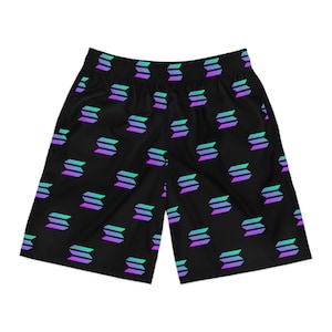 May include: Black athletic shorts with a repeating pattern of a stylized, layered symbol in shades of teal, purple, and blue. The shorts have an elastic waistband and pockets. The design is a modern, geometric pattern.