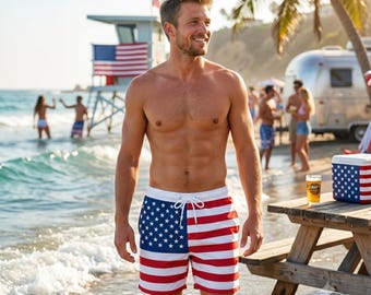 American Flag Swim Shorts - USA Patriotic Beach Shorts, Fourth of July Swimwear, Red White Blue Bathing Suit, Independence Day Gift