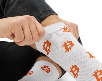 Bitcoin Crew Socks - White BTC Patterned Cryptocurrency Socks, Crypto Socks for Men & Women