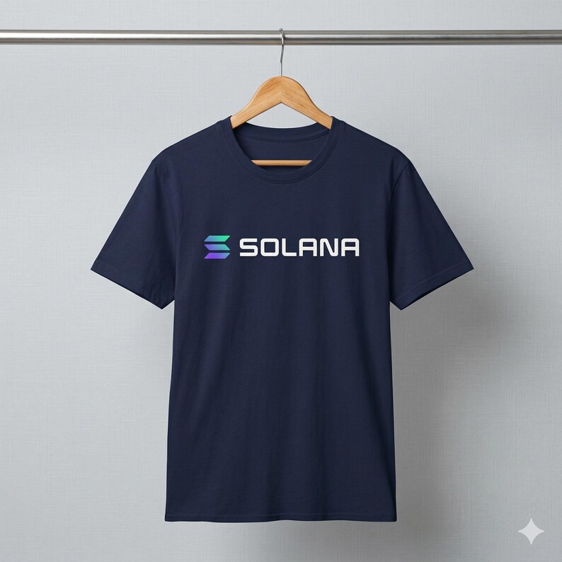 May include: Navy blue t-shirt with the word "SOLANA" in white block letters. The word is above a stylized logo in shades of blue and green. The t-shirt is hanging on a wooden hanger.