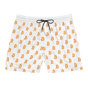 May include: White swim trunks with a repeating pattern of orange Bitcoin symbols.