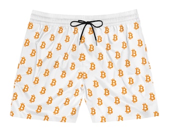 Bitcoin BTC Logo White Mid-Length Swim Shorts | Crypto | Beach | Swim Trunks