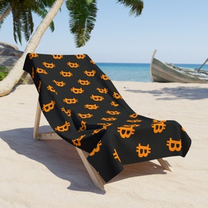 Bitcoin BTC Black & Orange Beach Towel, Bitcoin Cryptocurrency Towel, Black BTC Crypto Token Blockchain Bath Towel, Satoshi Nakamoto, HODL