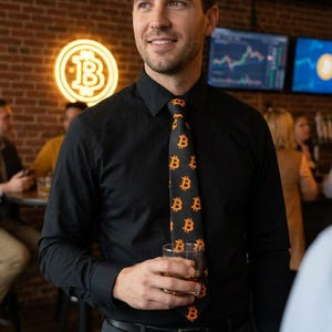 May include: A black long-sleeve button-down shirt paired with a black necktie featuring a repeating orange Bitcoin symbol pattern. The tie is worn centered over the shirt, which has a classic collar and long sleeves with buttoned cuffs.