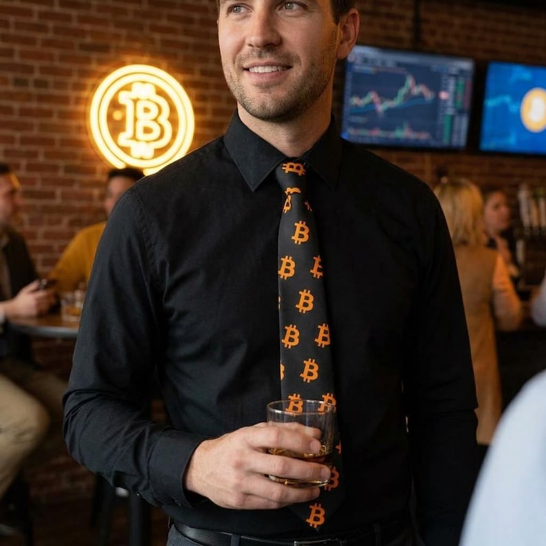 May include: A black long-sleeve button-down shirt paired with a black necktie featuring a repeating orange Bitcoin symbol pattern. The tie is worn centered over the shirt, which has a classic collar and long sleeves with buttoned cuffs.