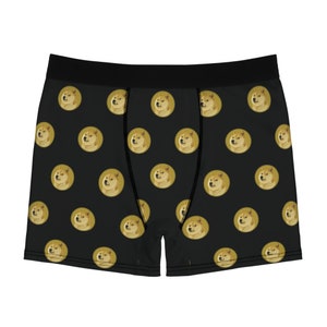 Peut inclure: Boxer noir avec un motif répété d'un visage de chien Shiba Inu dans un cercle jaune.