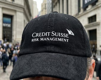 Credit Suisse Risk Management Hat - Embroidered Corduroy Baseball Cap, Finance Humor, Wall Street Parody Gift