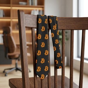 May include: A black necktie featuring a repeating pattern of orange Bitcoin symbols. The tie is draped over the back of a wooden chair, displaying a consistent print of the cryptocurrency logo across the entire length of the fabric.