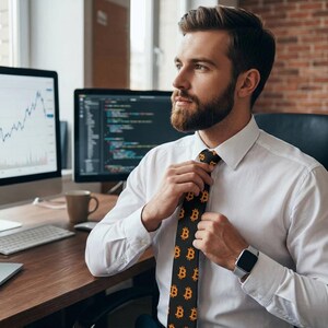 May include: A white long-sleeved button-down shirt paired with a black necktie featuring a repeating orange Bitcoin logo pattern. The shirt has a classic collar and cuffs, while the tie is worn centered and straight against the chest.