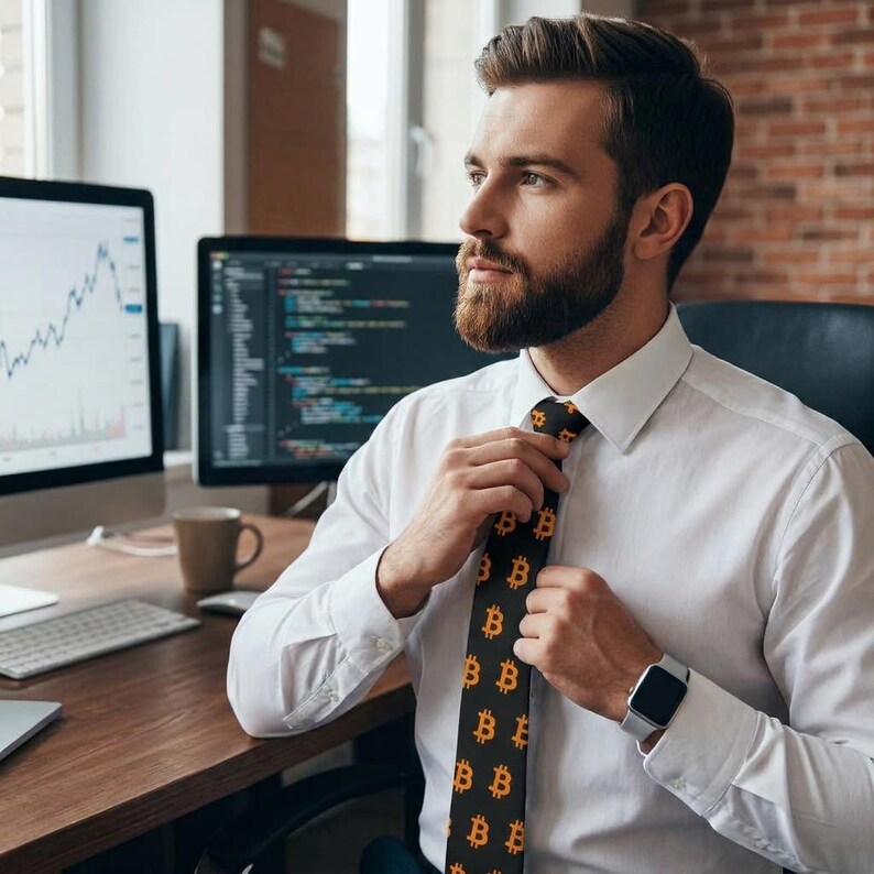 May include: A white long-sleeved button-down shirt paired with a black necktie featuring a repeating orange Bitcoin logo pattern. The shirt has a classic collar and cuffs, while the tie is worn centered and straight against the chest.