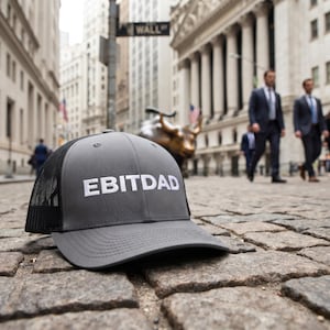May include: A grey trucker hat with a black mesh back and a structured front panel. The word "EBITDAD" is embroidered in white capital letters across the center of the front panel. The hat features a curved brim and a button on the top crown.